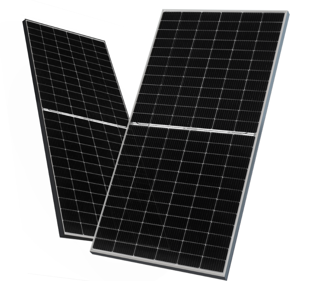 Two Jinko solar panels with black photovoltaic cells and silver frames